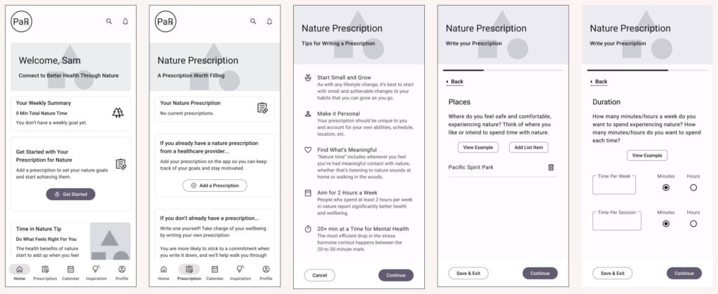 Initial low-fidelity wireframes of the PaRx app